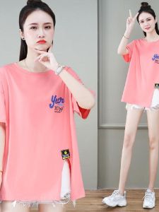 Loose Fit Womens Short Sleeve T-Shirt Summer New Style Korean Version Cotton Print Side Split Design Casual Top Shirt