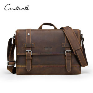 CONTACTS Genuine Leather Men Messenger Bag Vintage Shoulder Bag for Laptop Male Bolsa Crossbody Handbag