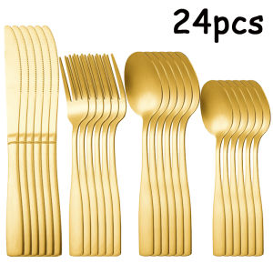 4/16/24/40pcs stainless steel cutlery set advanced gold square handle cutlery set suitable for kitchens and restaurants.