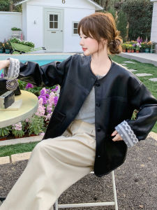 Black Lace Splice Loose Feel PU Leather Jacket Womens Style Commute Loose Fit Online Sales Only Polyester Fiber Short Length Single Button Closure