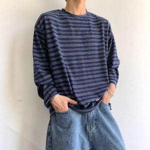 Áo Thun Nam Dài Tay Kẻ Sọc Màu Xám Nhạt Có Viền Áo Chui Đầu Cổ Tròn Thường Ngày Mùa Thu Thoải Mái Thoáng Khí