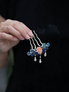 Blue Burnt Hairpin New Chinese Style Retro Hair Accessories Suitable for Bun Head Womens Back Pressed Side Hair Comb