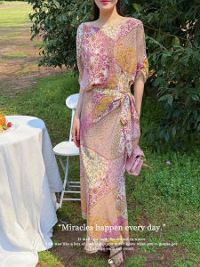 Elegant French Stripe Print Wrap Dress Long Skirt Short Sleeve Square Collar Polyester Fiber 100% High Quality Womens Dress