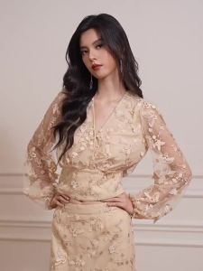 Elegant Lace French Style Golden Luxury Embroidery Puff Sleeve Dress Suite