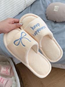Thin Strip Korean Ins Letter Bow Floor Shoes Female Casual Bedroom Non-Slip Autumn and Winter Word Cotton Slippers