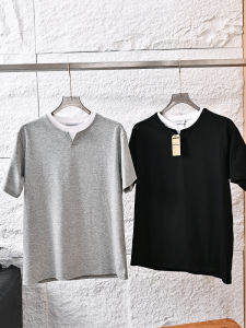 Mens Summer Casual Loose Fit V-Neck T-Shirt Short Sleeve Versatile Base Layer Shirt Double Layer Collar Henley Style Base Tee