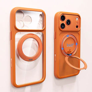 360 ° Rotatable Ring Stand Phone Case For iPhone 17 Pro Max For MagSafe Soft TPU Edge + Transparent Hard Back Cover with Holder For iPhone 17 Full Cover Lens Shockproof Protection Casing Orange