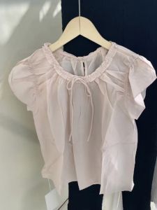 Korean Style Sweet Casual Versatile Womens Shirt Summer New Fashion Beautiful Slimming Belted Short Sleeve round Neck Top