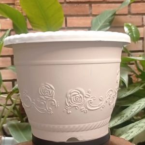 Pot Glory 20 Ukir Putih | Pot Hias Plastik | Pot Ukir Merk Shallom | Pot Bunga
