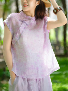XIAOER | Áo Blouse Trễ Vai Hoa Văn Tay Loe Cổ Trung Quốc 100% Ramie