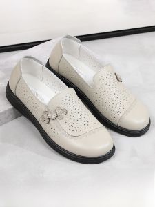 SHIPAILUO | Breathable Hollow Out Soft Bottom Leather Sandals Slip-On Flat Heel Anti-Slip Large Size Lightweight Casual Footwear For Mothers