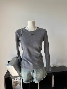 Fall and Winter New Arrival Minimalist Shoulder round Neck Sweater Bottoming Shirt Womens Classy Gray Knitting Long Sleeves Winter Tops Inner Wear