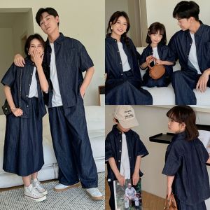Fried Street Classy Casual Summer Special Denim Matching Suit a Family of Three Loose Short Sleeve Shirt Shorts Dress