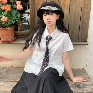 Sweet Style Short Sleeve Shirt Doll Collar Hem Ruffle Chinese Brand Womens Loose Fit Cotton Polyester Blend Summer Shirt