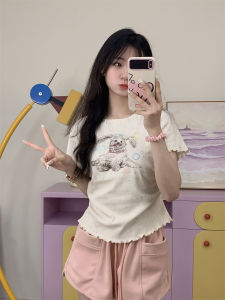 Korean Style Graffiti Dog Print Short Sleeve Womens Slim Fit T-Shirt Commute Style Cotton Blend Short Length round Neck