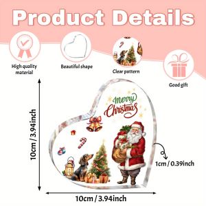 2D Christmas Heart-Shaped Ornament 4in Acrylic Santa Claus And Tree Design Colours Home Office Desk New Year Decor
