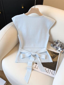 Áo Len Dệt Kim Lụa Băng Không Tay Cổ Vuông Hở Vai Nữ Mùa Hè Phong Cách Hàn Quốc Pure Desire Hot Bé Gái Áo Thun Cổ Bẻ Thắt Nút Bướm