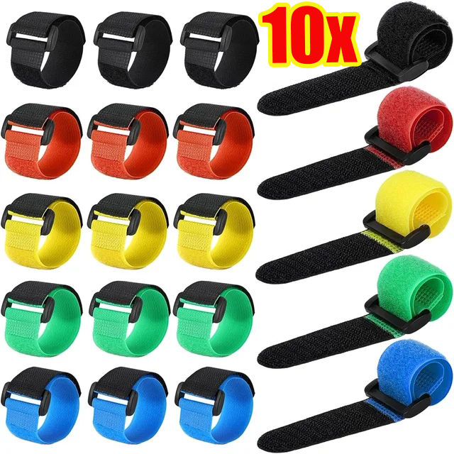 10-Pack Self Adhesive Hook & Loop Tape Strips - Multi-Color - Strong Sticky Back Fastener For Cords, Organizing