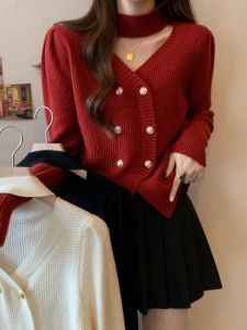 plus Size Knitted Sweater Red Hanging Neck Double Button Long Sleeve Fashion Design Sense Autumn New Style for plus Size Women
