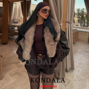 KONDALA Streetwear Fur Collar Leather Jackets Women Long Sleeve Pockets Oversized Coats Fashion 2026 Autumn Winter Outwears