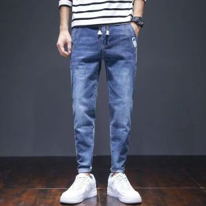 Workwear Slim Fit Harem Jeans Elastic Waist Cotton Stretch Denim Mens Summer Lightweight Wear Resistant Casual Trousers