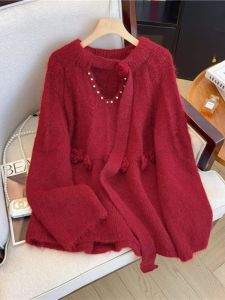 Red V-neck Heavy Work Knitwear Womens Winter New Style Large Size Fat MM 3D Flower Knitted Sweater Commute Loose Fit Online Exclusive