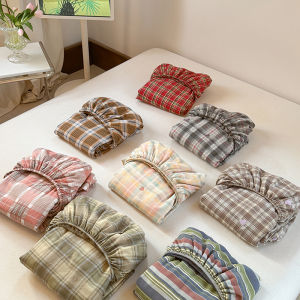 Dansunreve Cotton Plaid Fittedsheet Garterized Non-slip Bedsheet 1200TC Super Soft Breathable Ikea Bed Sheet Single/Super Single/Queen/King