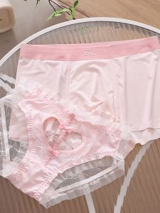 น้ําแข็งคู่ ผ้าไหม กางเกงใน เซ็กซี่ Hollow Out ลูกไม้ ชุดชั้นในสามเหลี่ยมหัวใจบางแบนผู้ชายผู้หญิงกลาง เอว ผ้าฝ้าย กางเกงชั้นในสบาย