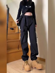 Womens Loose Fit Mountain Climbing Work Pants Autumn Winter Trousers with Cuffs Windproof Waterproof Casual Street Style