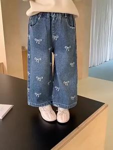 Bow Print Jeans Autumn Girls Straight Trousers Kids Wide-leg Casual Denim Spring Pants New Children Clothes For 2-8 Years Old