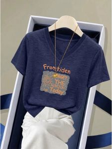 V.C.I | Attractive Printed Blue Bamboo Jersey V-neck Short Sleeve Top