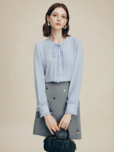 FAMANXUAN | French Style Blue Long Sleeve Petite Lace Work Blouse
