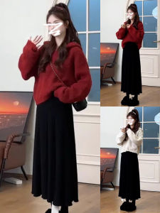 Ge·an·fei | Red Hooded Knit Dress Set for Small-sized Women Autumn New