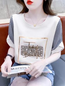 WANGGONGZHU | Pure Cotton Short Sleeve T-Shirt Women Summer New Fashion Gold Embossing Color Block Design Princess Style Commute Straight Tube