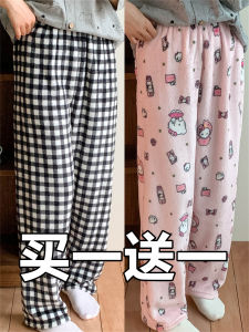 กางเกงนอนผ้าฟลานเนลขนแกะสำหรับผู้หญิง กางเกงขายาวทรงตรงเอวยางยืด ความหนาปกติ โพลีเอสเตอร์ ระบายอากาศได้ดี กางเกงขายาวลำลอง