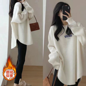 Warm Long Sleeve T-Shirt Womens New 2025 Autumn Winter Loose Fit round Neck Mid-Length Polyester Fiber Printed Casual Top