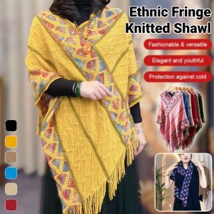 Ethnic Style Tassel Knitted Poncho Rhombic Stripe Shawl Plush Knitting Wraps Women Fashion Coat Overlays 流苏针织披肩