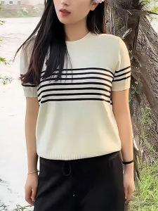 QINGNAER | Embroidered Striped Color-block Light Large Vintage Short Sleeve Knit Top
