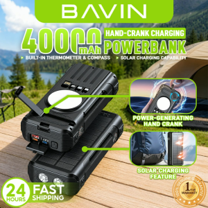 BAVIN PC1250 40000mAh PD 22.5W Portable Fast Charging Hand-Crank Charge+Solar Powerbank with Built-in Cables for Outdoor