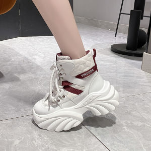 Genuine Leather High-Top Daddy Shoes Womens 2024 Fall and Winter New Arrival Thick Sole Increased Feet Smaller Casual Warm Keeping Sports Fashion Shoes