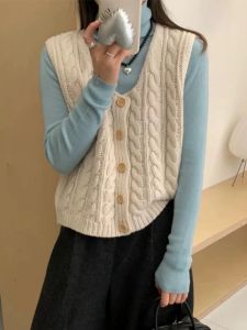 Áo Len Cardigan Dệt Kim Cổ Vuông Màu Be Ngắn Cho Nữ Mùa Xuân Thu Cao Cấp Áo Len Chui Đầu Không Tay Cổ Tròn