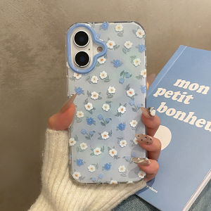 Korean Style Ins Blue Floral Print Double Layer Shockproof Silicone Phone Case for Apple Iphone 16 pro Max 15 pro 14 And 13 Models