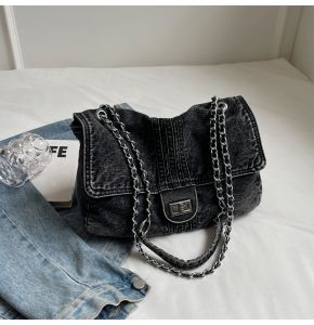 Fashionable Large Capacity Denim Shoulder Bag Womens Chain Tote Bag Commuting Class Casual Soft Handbag Pure Color Design