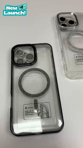 Luxury Glitter Bling with Camera Lens Magnetic Charging Phone Case for iPhone 11 12 13 pro max 14 plus 15 16 plus 16 pro max clear transparent back cover onhand case sale