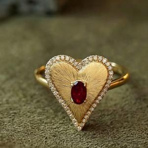 Huitan Heart Shaped Gold Color Ring for Women Romantic Wedding Inlaid Shiny Red AA CZ Wearable Jewelry Elegant Chic Accessories