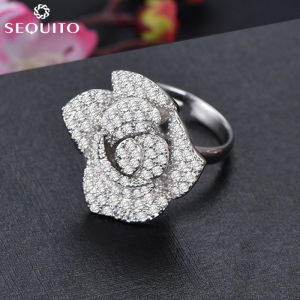 SEQUITO Adjustable Exquisite Rose Flower Full Micro Pave Tiny CZ Diamond Open Ring Women Korean Fashion Jewelry Gifts for Prom Party Accessories SR011