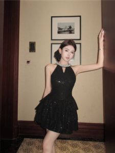 Shiny Diamond-Embedded Halterneck Dress Womens Summer Classic Style Elegant Black Cake Short Skirt Waist A- line Skirt