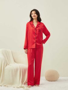 Elegant Silk Satin Sleepwear Set for Women Embroidered Wedding Celebration Home Clothes Red Color Lucky Year Long Sleeve V-Neck