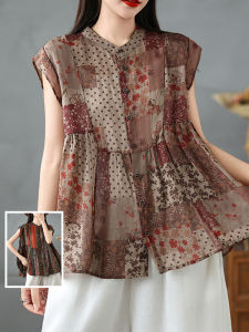 Áo Sơ Mi Vải Lanh Cotton Pha Cổ Đứng Tay Lỡ in Họa Tiết Retro Không Đều Thời Trang Nữ Cỡ Lớn Mặc Ngoài