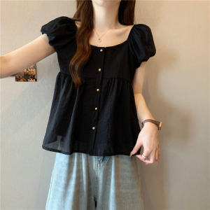 Casual Square Collar Short Sleeve Chiffon Blouse for Women Plus Size Slimming French Style Maisonette Doll Top